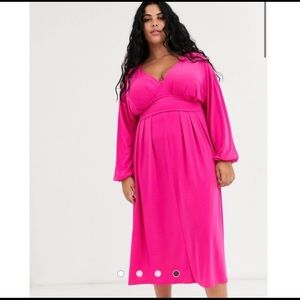 ASOS CURVE long sleeve midi dress fuchsia pink 24